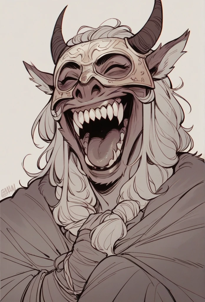 Woman wearing stoic viking mask, laughing with sharp teeth, red neck