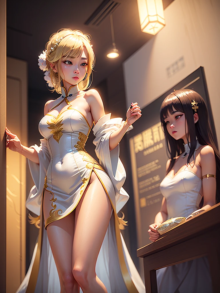 A beautiful Chinese-Japanese woman with light blonde hair., Her hair is medium length.. Wear a white dress, Gold trim outfit with strapless top and shorts.. She is a very mysterious and sexy mage.,3D rendering