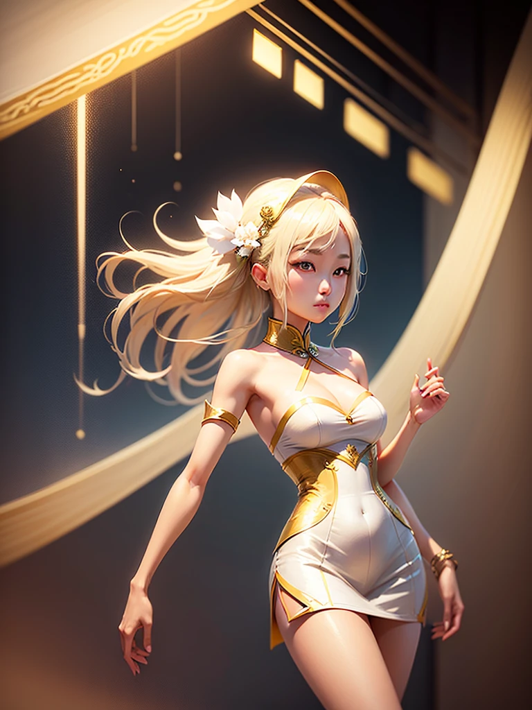 A beautiful Chinese-Japanese woman with light blonde hair., Her hair is medium length.. Wear a white dress, Gold trim outfit with strapless top and shorts.. She is a very mysterious and sexy mage.,3D rendering