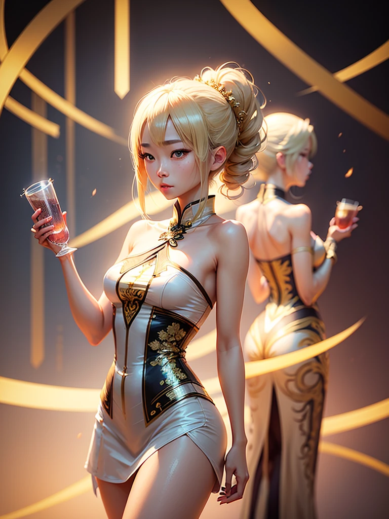 A beautiful Chinese-Japanese woman with light blonde hair., Her hair is medium length.. Wear a white dress, Gold trim outfit with strapless top and shorts.. She is a very mysterious and sexy mage.,3D rendering