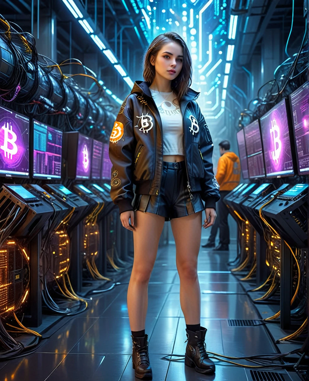 A pretty girl in cyberpunk jacket in a futuristic financial trading hall with high-tech miners mining Bitcoin, the Bitcoin symbol in a technological and electronic scenario, cyberpunk and futuristic, Science fiction, hightech, photo realist, best qualityer