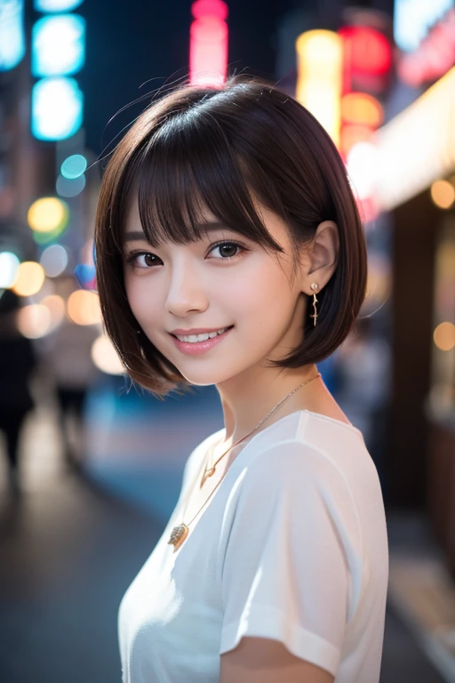 girl, White skin, ((Dark brown short tiered hair)), V cut with layers and bangs, Brown eyes, Soft atmosphere characteristics (Highest quality, Ultra-high resolution, 8K, RAW Photos, Ultra-high resolution: 1.2, masterpiece: 1.3), (Realistic, Realistic: 1.37), Very detailed, Professional Lighting, Photon Mapping, Radio City, 物理ベースレンダring, One Girl, (high school girl), Sharp focus:1.2、Beautiful woman:1.4,cute, Nice, Adorable smile, Normal chest, Cross Necklace、Earrings、ring、((Dark brown short hair), )((casualなファッション))),(A cute toothy smile),Japanese cityscape,Tokyo,Selfie,Portrait style,Cafe,casual