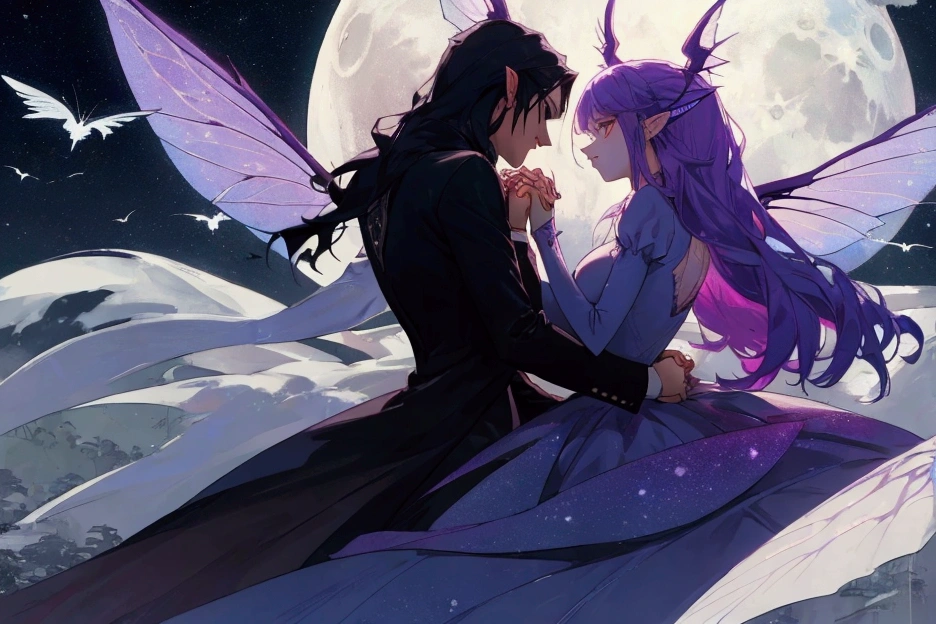 man vampire and woman fairy with fairy wings holding hands, moon in background, max quality, high details, 