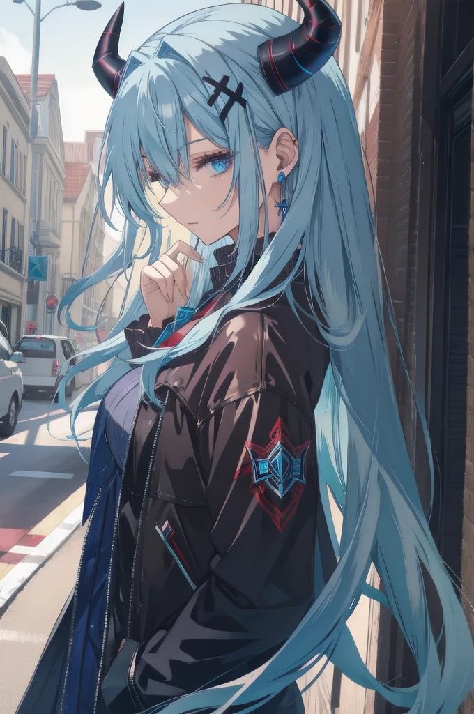 A devilish lightBlue-haired  with horns