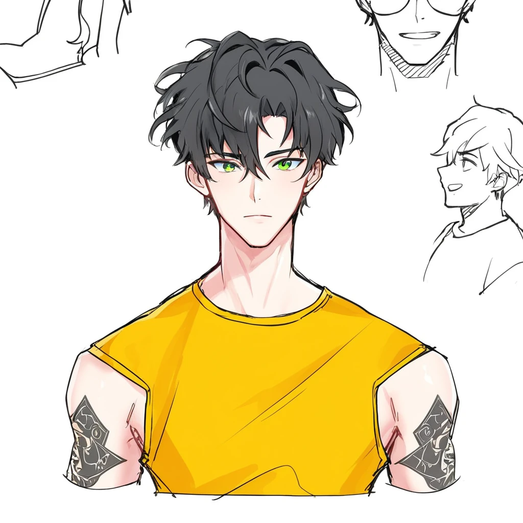 Boy, black hair, green eyes, yellow oversize tshirt,