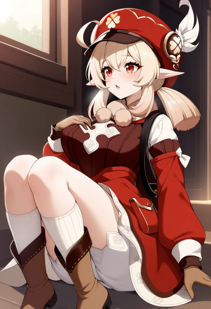 masterpiece, best quality, very aesthetic, absurdres, 1girl, mature_lady, sucking own breasts,,klee_(genshin_impact), genshin_impact, blonde_hair, ahoge, hair_between_eyes, low_twintails, medium_hair, pointy_ears, sidelocks, cabbie_hat, red_hat,four-leaf_clover, clover_print,  brown_gloves, gold_trim, pom_pom_(clothes), puffy_sleeves, puffy_long_sleeves, light_long_sleeves, bloomers, dress, red_dress, ankle_boots, brown_footwear, kneehighs, white_socks, bandaid, pocket,,in school, in college,floating_hair