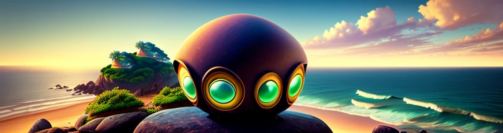 2 oval-headed aliens sitting on a rock on the coast in a clearing in the Atlantic forest looking at the sea