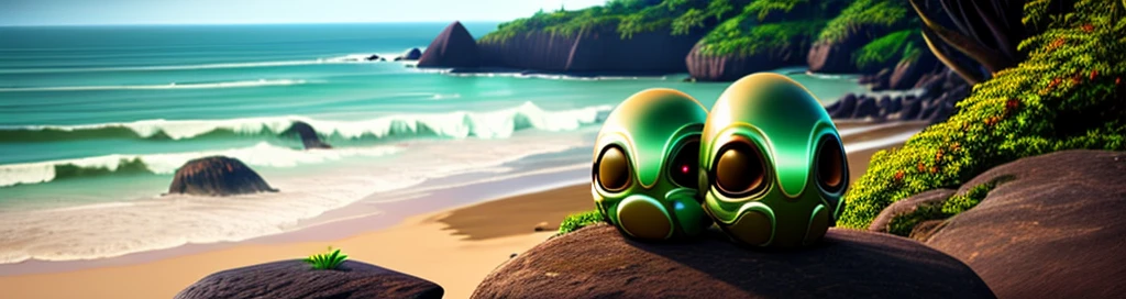 2 oval-headed aliens sitting on a rock on the coast in a clearing in the Atlantic forest looking at the sea