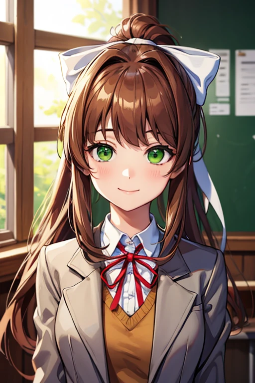 (face portrait:1.2), upper body, (masterpiece), best quality, expressive eyes, perfect face, highres, 1 girl, solo, ddlcmonika, blunt bangs, brown hair, (green eyes:1.5), long hair, ponytail, ribbon, white ribbon, hair ribbon, sidelocks, brown jacket, jacket, long sleeves, , zettai ryouiki, smiling, indoors, classroom background, standing, looking at the viewer