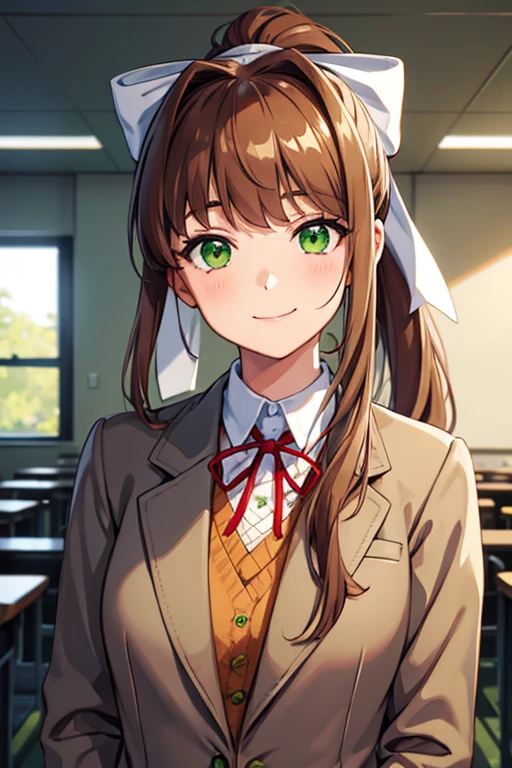 (face portrait:1.2), upper body, (masterpiece), best quality, expressive eyes, perfect face, highres, 1 girl, solo, ddlcmonika, blunt bangs, brown hair, (green eyes:1.5), long hair, ponytail, ribbon, white ribbon, hair ribbon, sidelocks, brown jacket, jacket, long sleeves, , zettai ryouiki, smiling, indoors, classroom background, standing, looking at the viewer