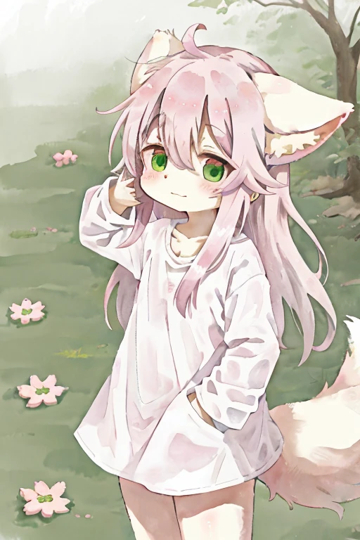 Dagasi, made in abyss, pastel pink messy long hair, pale purple fur, short stubby tail (fluffy), oversized shirt (white), tired, rubbing eye, fox ears, crystal green eyes with clover shaped white pupils, oc,