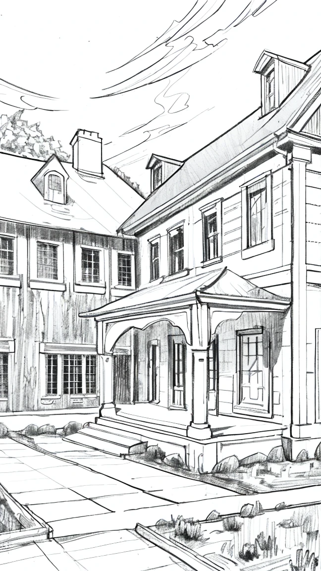 1 scene of a country house,line art,monochrome,Sketch,pencil drawing,traditional media,rama, Coloring page Thick lines and minimal details in cartoon style