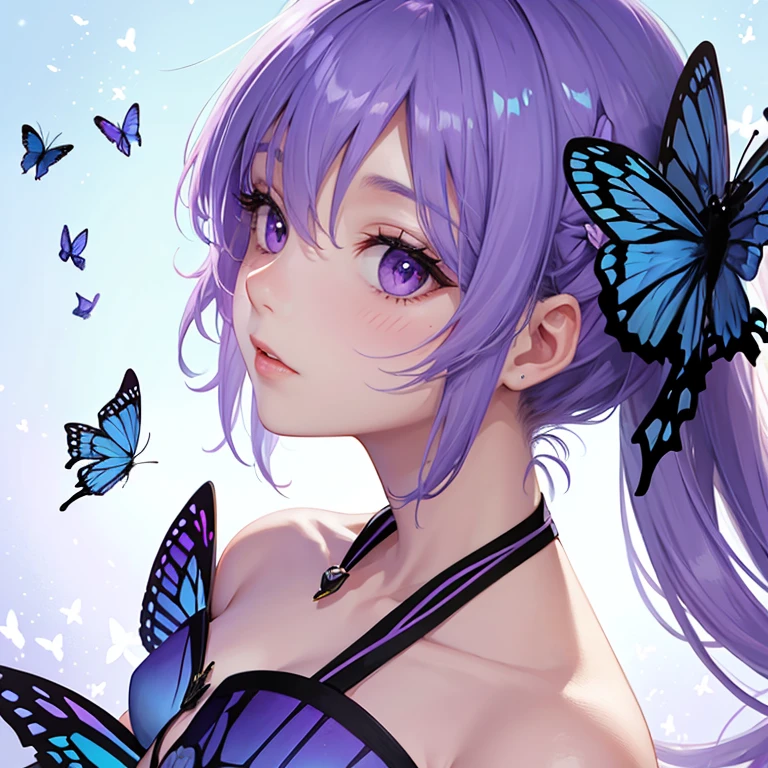 purple butterfly, blue white background 