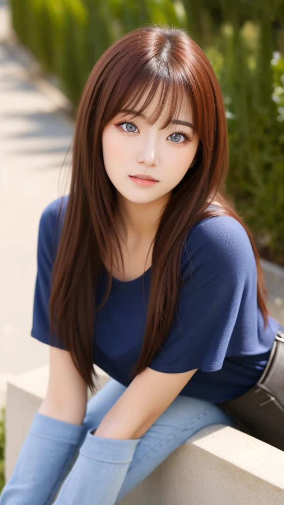 Brune, brune asiatique, belle femme, 20 ans, les main dans les cheveux, regarde vers le ciel les yeux fermer