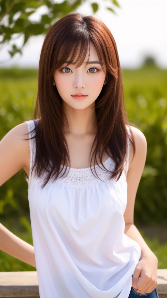 Brune, brune asiatique, belle femme, 20 ans, les main dans les cheveux, regarde vers le ciel les yeux fermer 