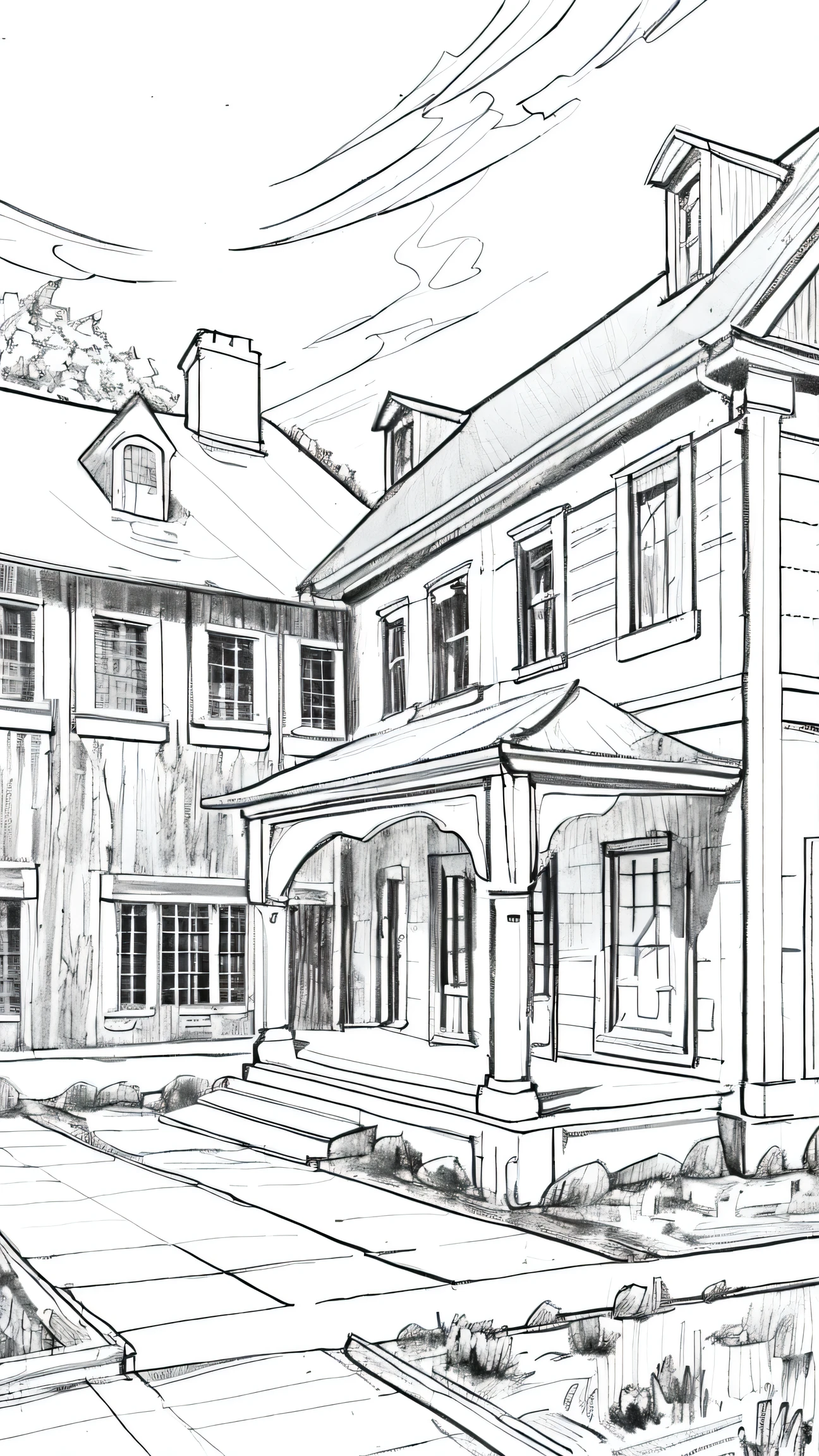 1 scene of a country house,line art,monochrome,Sketch,pencil drawing,traditional media,rama, Coloring page Thick lines and minimal details in cartoon style