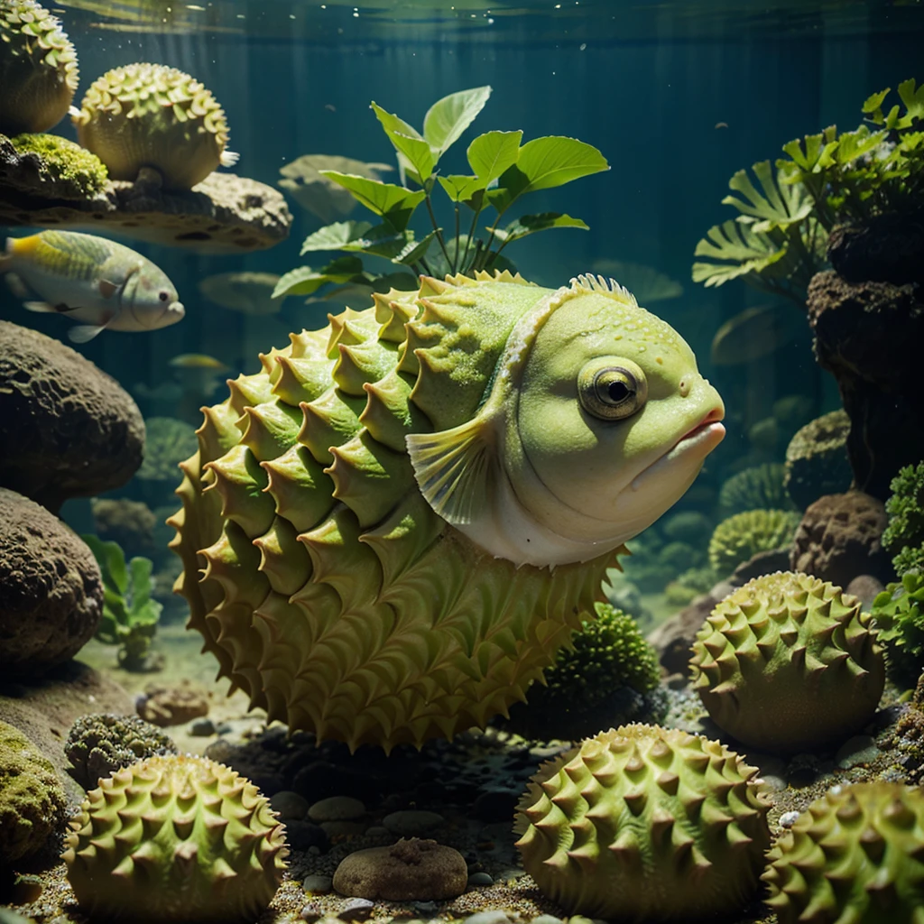 Puffer fish durian . In water , in aquarium. Green fish