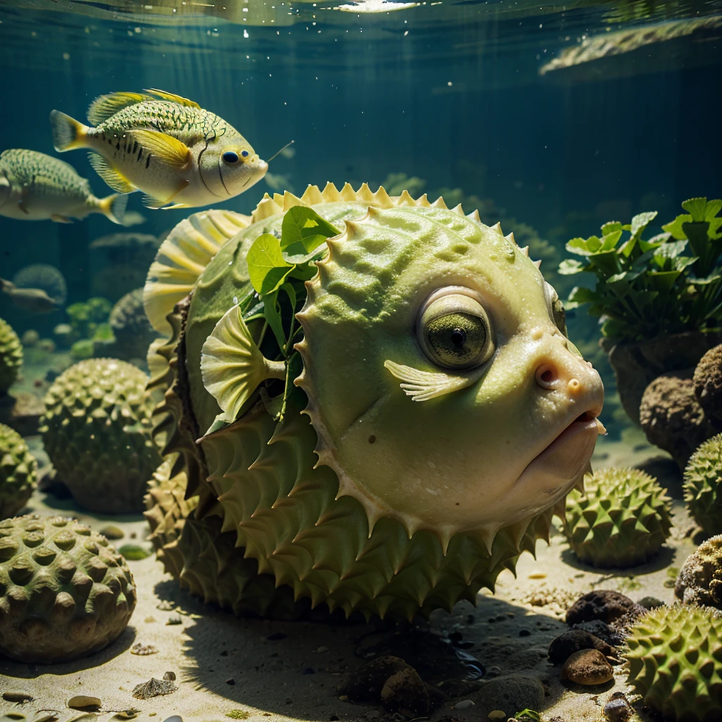 Puffer fish durian . In water , in aquarium. Green fish
