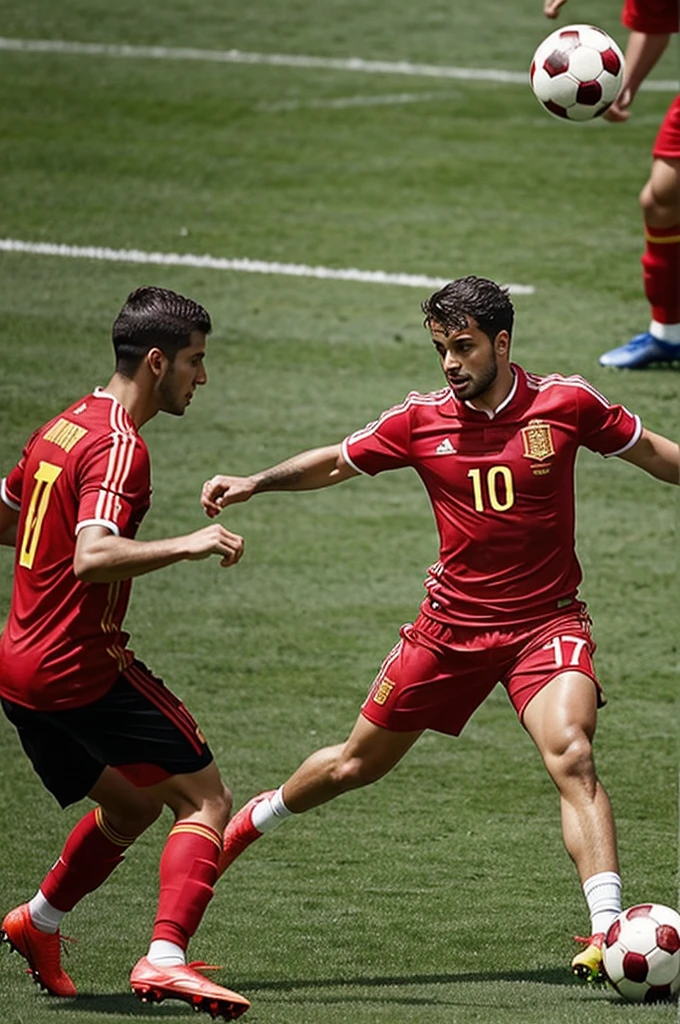a little cockroach in a red jersey playing soccer with the spanish soccer team
