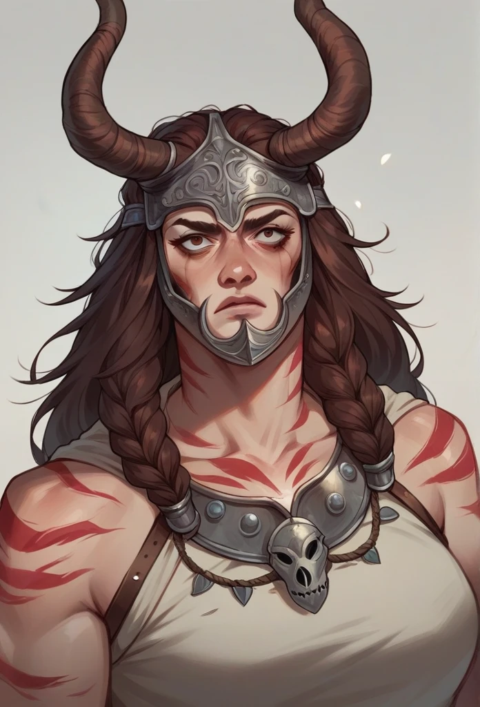 Woman wearing stoic viking mask, Slanted eyes and big eyelashes , red neck,Red marks on the face like ink