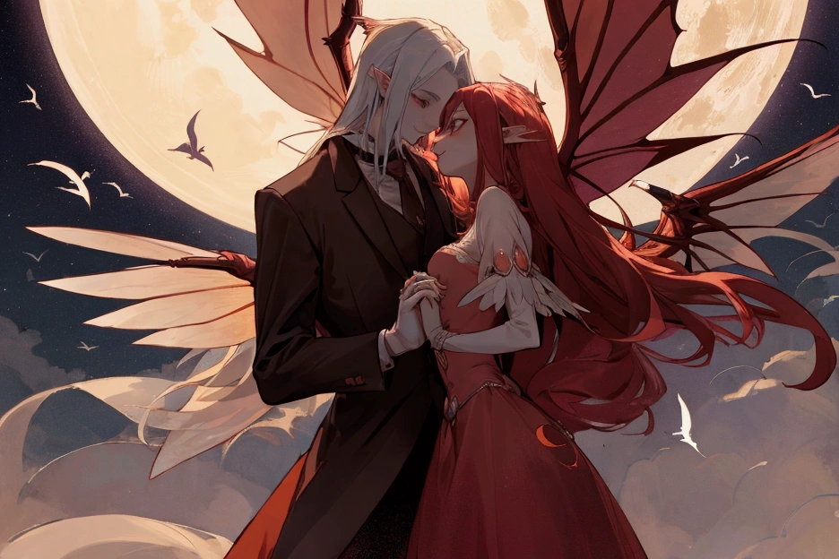 man vampire and woman fairy with fairy wings holding hands, moon in background, max quality, high details, detailed faces, beautiful eyes, 4K 