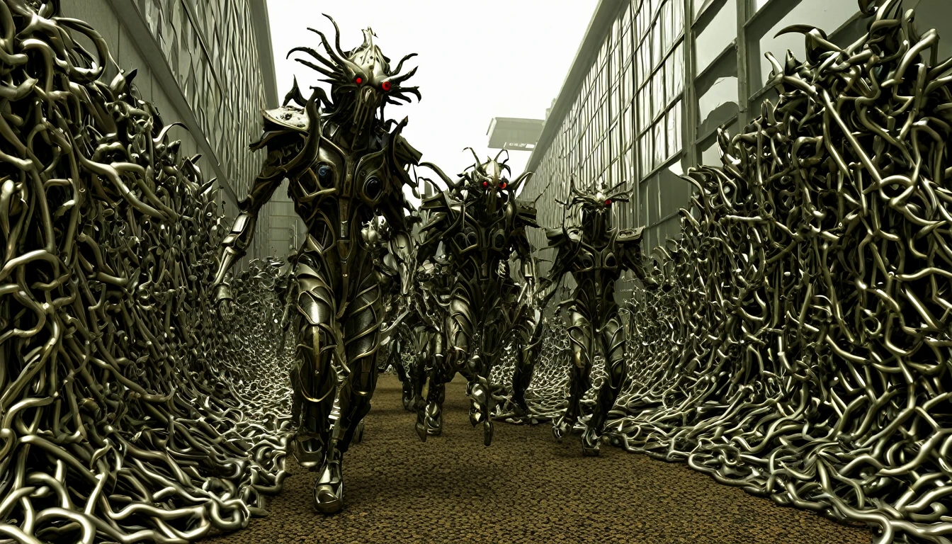 in (medium full shot:3.1) of lot of characters running from (Heavy Metal Magazine:3.1), inspired by Zdzislaw Beksinski, Hans Bellmer and Clyde Caldwell, in Cyberpunk apocalypse in chaotic world, monsters and robots, wayne barlowe, pierre pellegrini, (with Creepy, Sci-Fi, Fantasy and Horror:2.9) retro sci fi, Horror movie, ((Cinematic film)), ((Ultra Detailed)), Complex, ((Sharp Focus)), Object Texture, Studio Photo, Complex Details, ((Highly Detailed)), Photo Real Style, ((Hyper-realistic)), High Dynamic Range, ((Realistic Textures)), 8K UHD, Nikon D 850, Kodak Portra 400, Fujifilm XT, 3D rendering