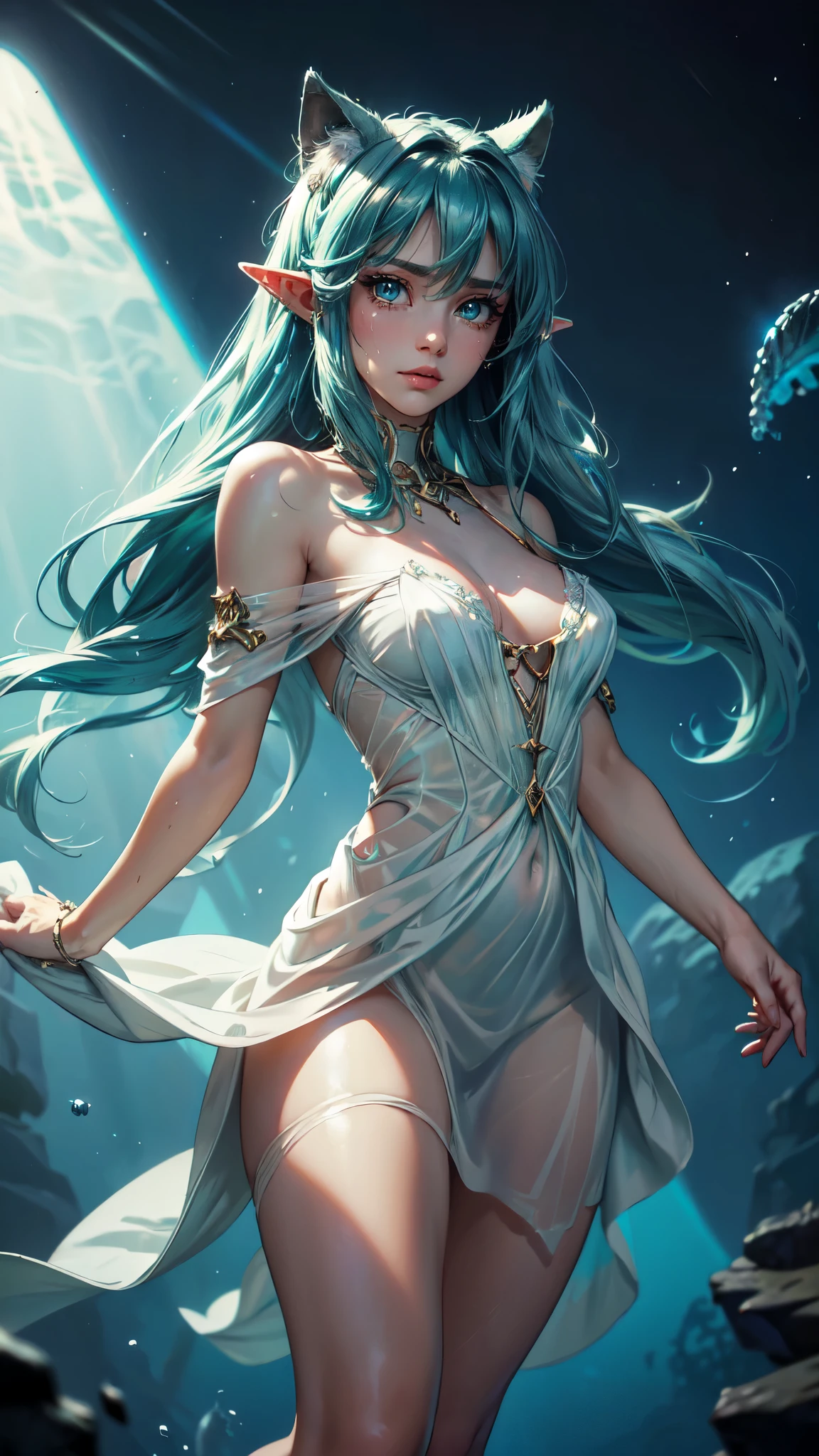 master part, best quality, high qualiy, angle from top, high angle, staring overhead:1.2, 1girl, floating girl, coiled position, nada no sea background, (((deepsea))), (((underwater))), (((fully body))), flowing hair, floating hair, blue green hair, Super Long Hair, super long twin tails, close eyes, long eyelashes, (((Grieving, cryinso, cryin))), fantasy color, color rendering, Light and Shade, wet liplack short dress, no-sleeves dress, Fundo dazzling, pillars of light, lightning strikes, rich colors, dreamy, Stardust, nobleman, chic, ((creative, very high quality images, too)))), ((Aurora, cristal gigante, magic ray, rich colors, Tyndall effect))), dazzling, dreamy, Dynamic, super detaill, 8K, Magnificent, Epic composition, details Intricate, engine unreal, imagem de fully body, bubble, AngelT, jellyfish, light beam, mistic, awesome, undersea, [retrato de fully body] atmosphere, right proportions, delicate beauty (extreme detail, portrait of delicate facial features, delicate representation of hair, Delicate Ocular Representation), (Extremely delicate CG) sea background, blisters, Volumetric lighting, better shadows, shallow depth of field, Portrait of incredibly beautiful, Delicate beautiful attractive face with seductive eyes, fine detailed eyes, highly detailed fine art, (finely detailed beautiful eyes and detailed face), delicate representation of facial features, (extremely high quality, Amazing details:1.25), (standing alone:1.3), Brightly Colored Paintings, (aesthetic), (Beautiful), (Professional angle), (Female One), (Woman), (female), (Beautiful), (feminine features), (16 yrs old), standing alone, 1womanl, dramatic light, beautiful hands, two hand, normal hands, two arms, Complete hands, Body cute, cute toes, normal fingers, five toes, (thumb, indicator finger, ring finger), beautiful ears, normal ears, Beautiful eyes, glare eyes, Beautiful Mouth, beautiful lips,detailed face, detailed eyes, detailed handssexy woman,elf girl, full body
