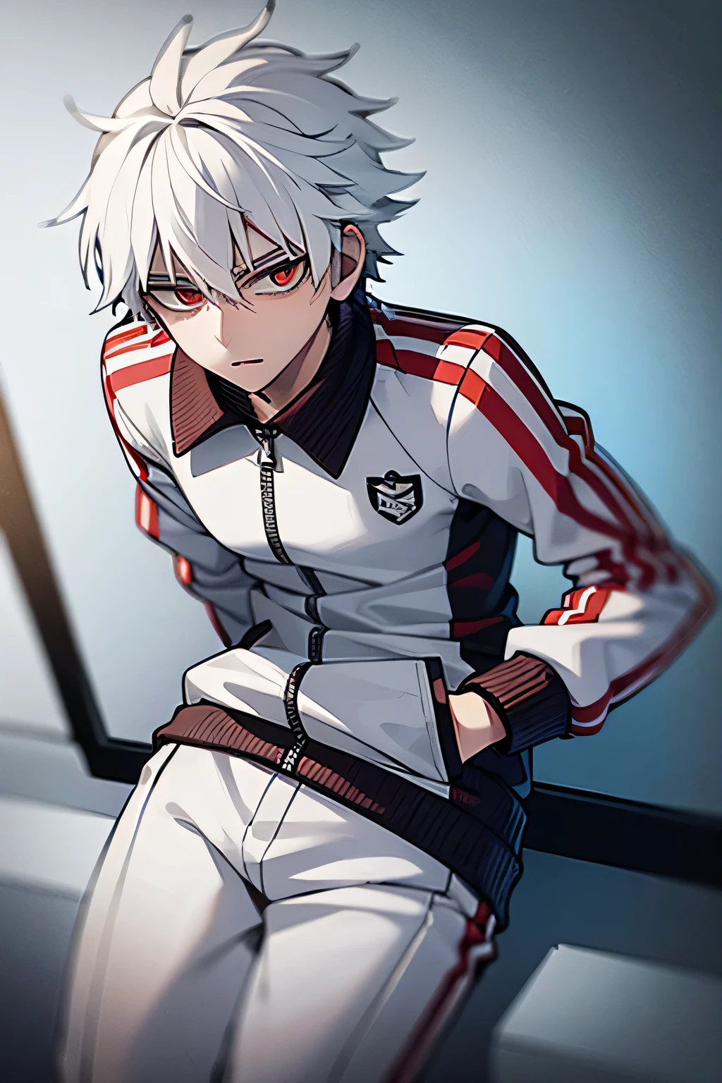 A white haired 16 year old young man, white hair short, wearing UA tracksuit, white eyes
