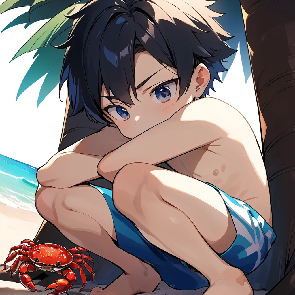 anime boy sitting on a beach with a crab in his hand, in the beach, at the beach, anime moe artstyle, at a beach, tsunami behind him, official art, kawacy, anime boy, sitting at the beach, on a beach, rin, 8k!, handsome anime pose, wallpaper anime blue water, zerochan art, beaching, no swimming trunks naked, butt exposed