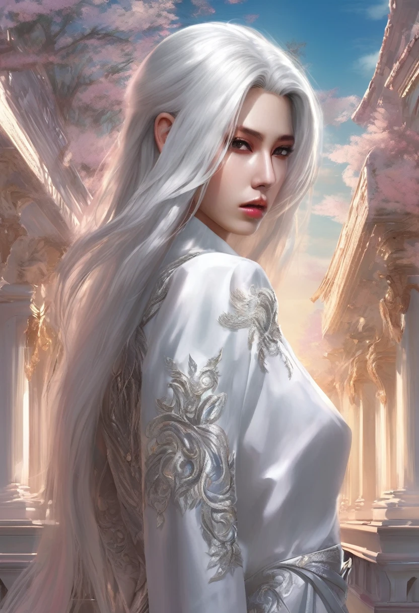 work of art, highest quallity, (standing alone focus), (face perfect:1.1), (high détail:1.1), (hyper detailed eyes), dramatic, a guy with fair skin and long, voluminous white hair, eye white, standing alone, long hair, Sephiroth, moonligh, natta, luxury white suit, covered navel, fleshy lips, coat, arrogant expression, Jardim de pinks, detailed back ground, artwork by Artgerm, cinematic lighting, pinks, lo fashion, Balenciaga style