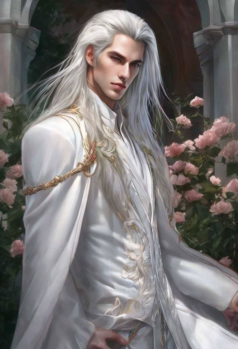 work of art, highest quallity, (standing alone focus), (face perfect:1.1), (high détail:1.1), (hyper detailed eyes), dramatic, a guy with fair skin and long, voluminous white hair, eye white, standing alone, long hair, Sephiroth, moonligh, natta, luxury white suit, covered navel, fleshy lips, coat, arrogant expression, Jardim de pinks, detailed back ground, artwork by Artgerm, cinematic lighting, pinks, lo fashion, Balenciaga style