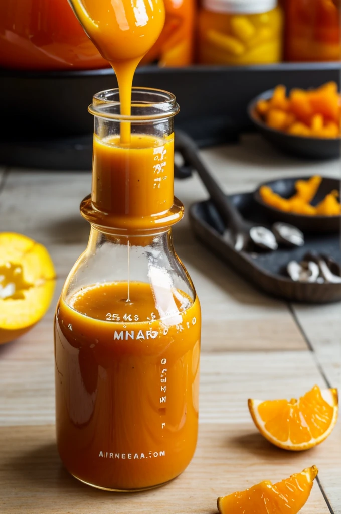 Make a container for a mango habanero sauce called Mango Flame is a 250 ml glass bottle with an airtight screw cap, make the logo a flame fused with a handle and its typography, use yellow colors, oranges , red, black and white