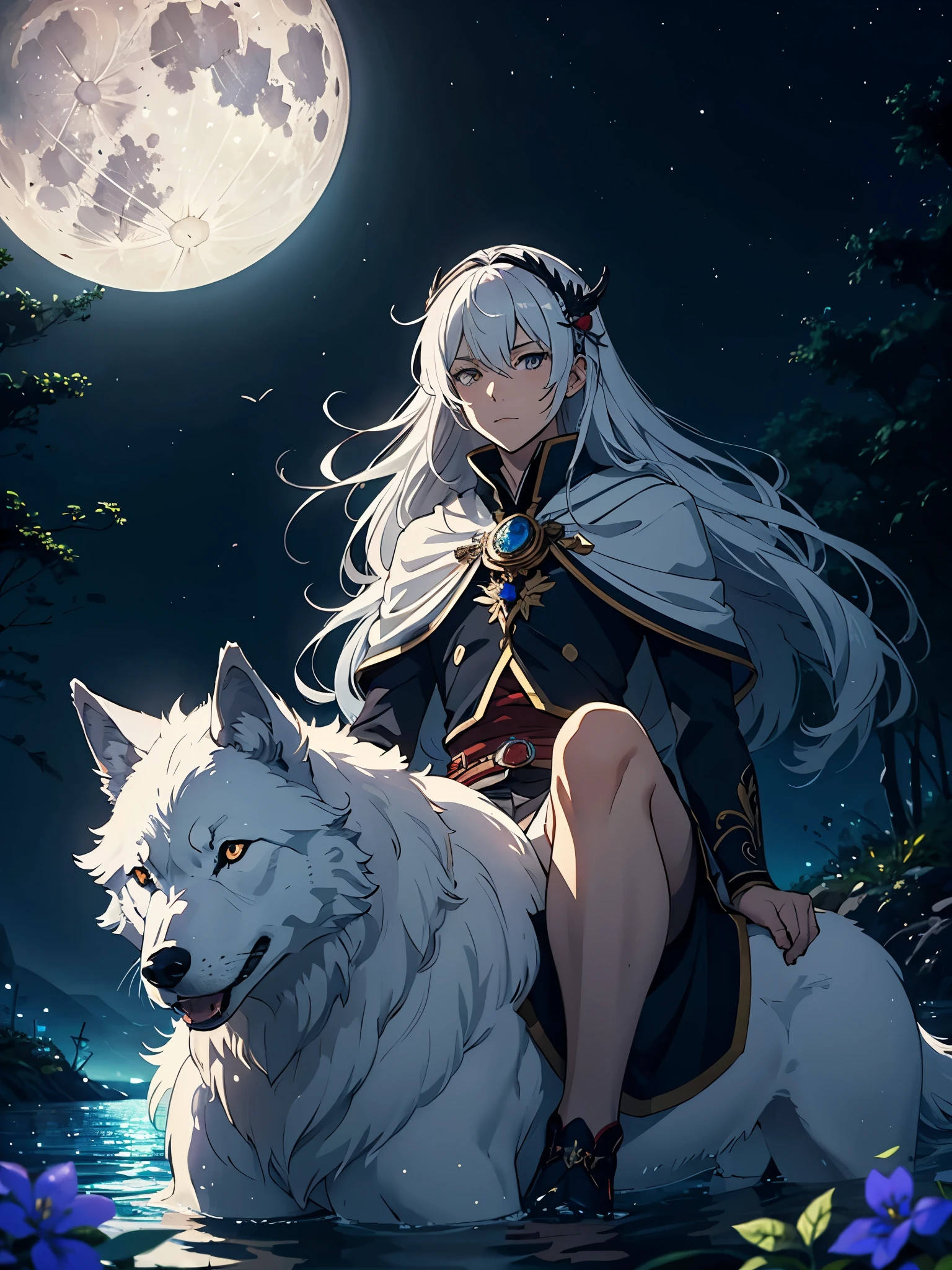 Riding a wolf. Viele weiße vögel. Nackt. Lights. More anime. light blue light. Bright bright light. magical. Moon. Sitting on a big white wolf. Lightening flowers. More anime. male. Blue flowers. Long hair. long white hair. aquatic, boy, God of the Moon, silver hair accessories, White hair.