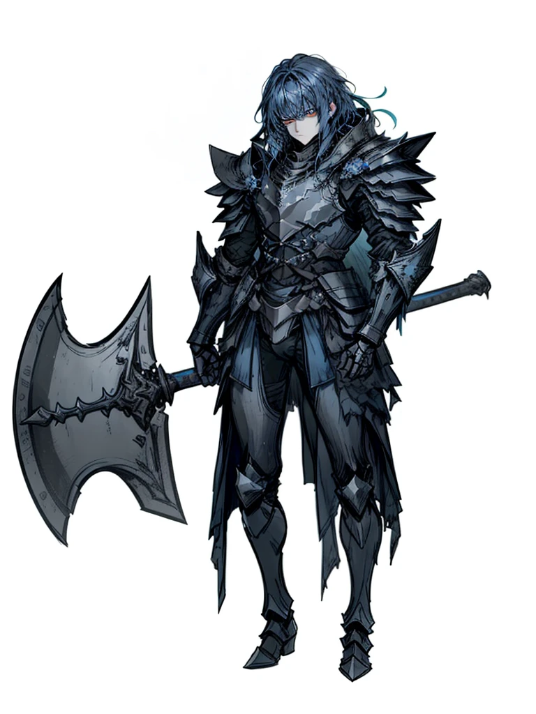 1boy,blue hair, blue eyes,obsidian armor, dark knight, tundra knight, legendary weapon,ice weapon,sfw,beautiful clothes, (high resolution, high detail, best quality), serious