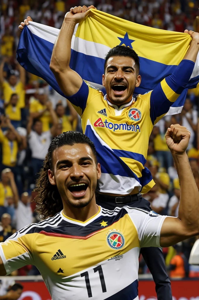 A coffee with the Colombian national team shirt on its chest with two stars, raising a football cup and celebrating in a large stadium full of people 