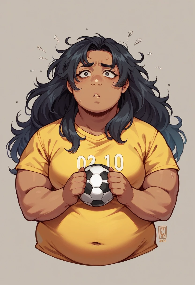 drawing, Black-Haired Woman, long straight hair, fat body, endomorph, king, watching a soccer game, backwards, with yellow shirt of the Colombian national team, printed with the large number 10 in the center, and above 10 the name Lauris, backwards mirando el partido