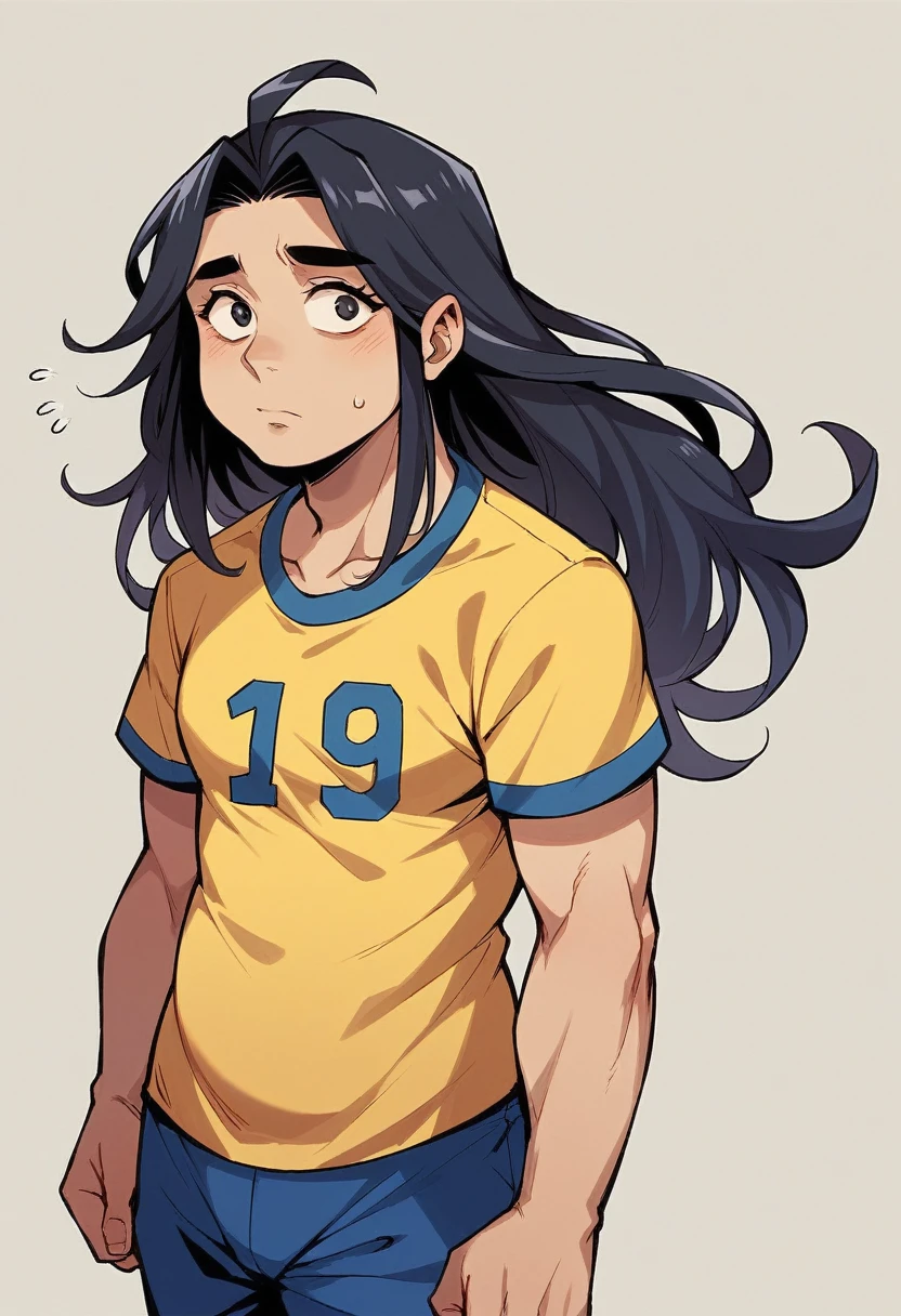 drawing, Black-Haired Woman, long straight hair, fat body, endomorph, king, watching a soccer game, backwards, with yellow shirt of the Colombian national team, printed with the large number 10 in the center, and above 10 the name Lauris, backwards mirando el partido