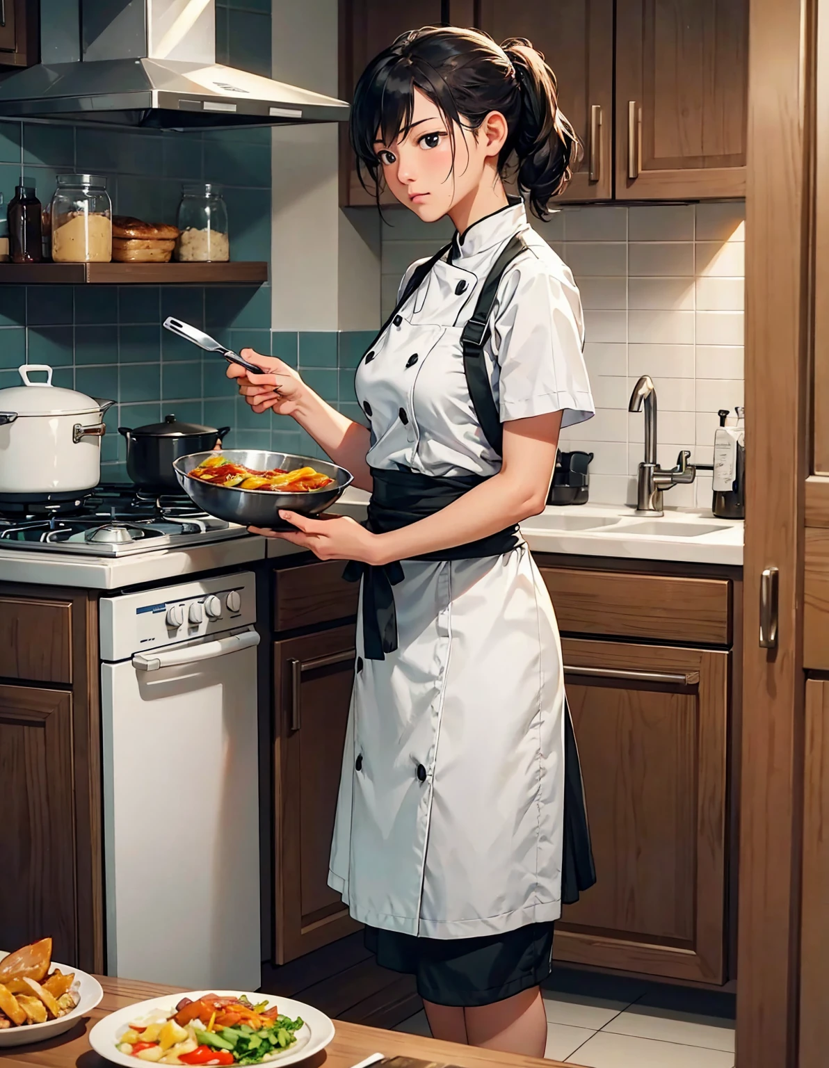 Lunch Time、The kitchen is as busy as a battlefield.。A female cook was busy working with a stern look on her face.、Standing in front of the stove with a frying pan in hand。She is wearing a white chef&#39;s coat、Wearing a long chef&#39;s hat、Her short hair is neatly tied up。Amidst the heat and tension、Her movements are professional.、His passion and sense of responsibility for cooking is apparent.。