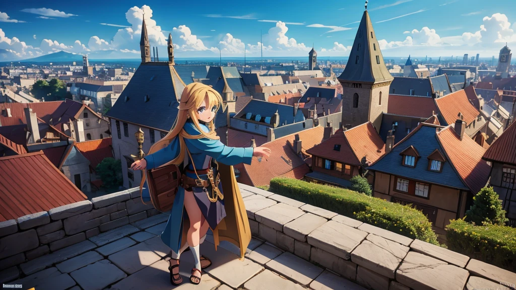 anime cartoon style, person descending from the sky, Medieval era city, full distance view, Full perspective