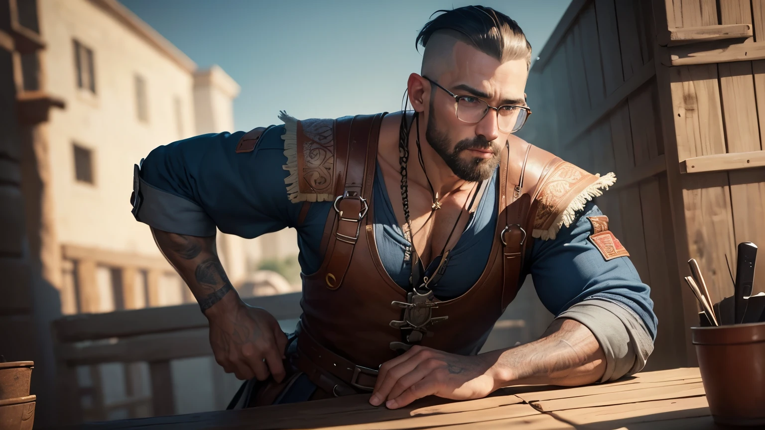 8k, Masterpiece, Best Quality, realist, Very detailed, cowboy shot, 1 chico, Alone, Tetta Kisaki, man, Average height, Blue eyes, by rubio, sports glasses, earring in the left ear, Crew cut and hair shaved on the right side of the head., dress, medieval, Monk,