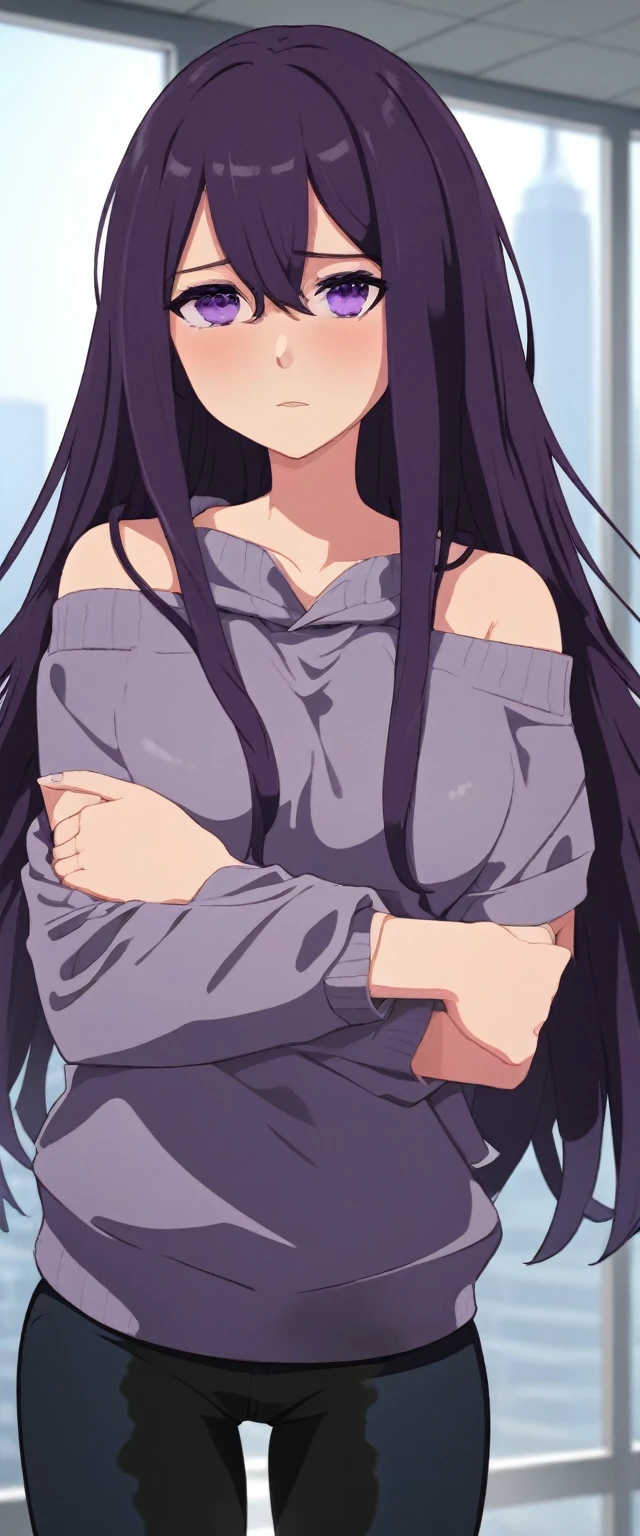 (masterpiece:1.37), best quality, (extremely detailed:1.37), (1girl:1.5), woman, (mature:1.5), (adult:1.5), large breasts, very long hair, (straight hair:1.5), (very dark purple hair:1.5), purple eyes, (extremely detailed eyes:1.37), hoodie, jeans, desperation, (wetting self:2.0), standing, embarrassed, humiliation, blushing, angry, (crossed arms:1.5), office, indoors, window, cityscape, full body
