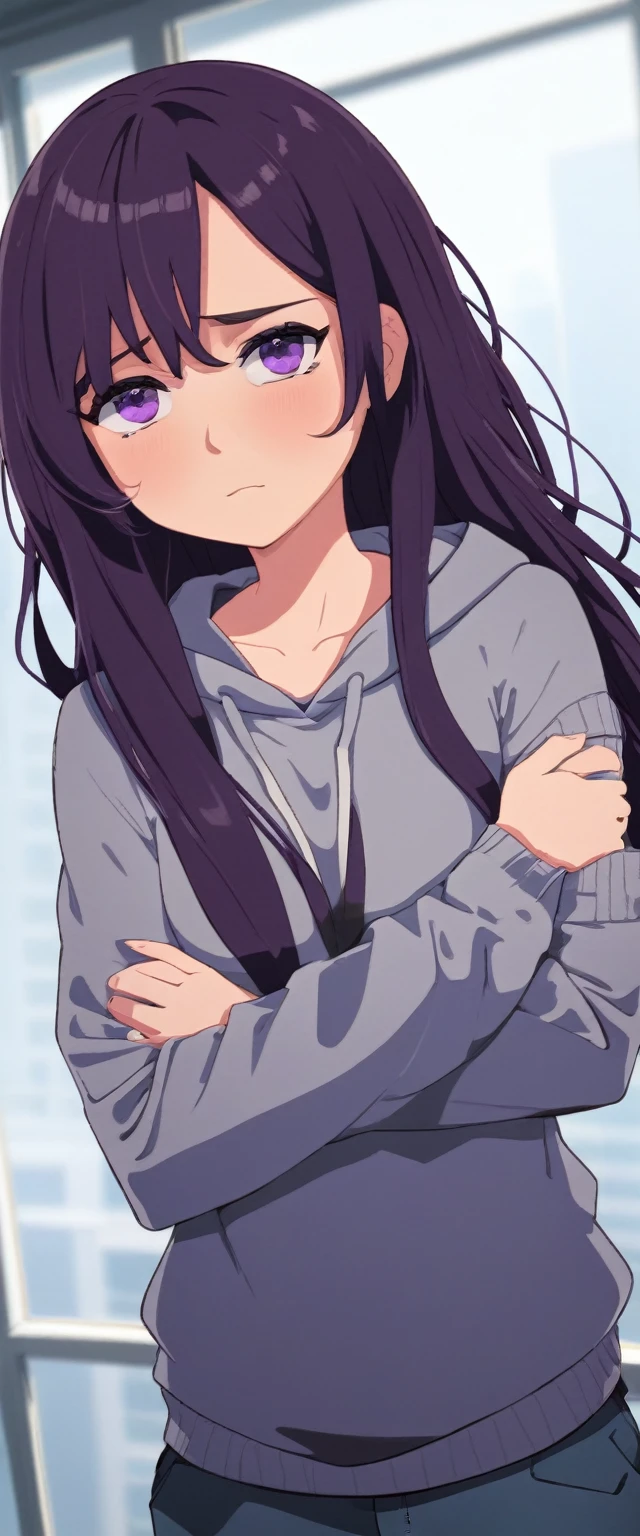 (masterpiece:1.37), best quality, (extremely detailed:1.37), (1girl:1.5), woman, (mature:1.5), (adult:1.5), large breasts, very long hair, (straight hair:1.5), (very dark purple hair:1.5), purple eyes, (extremely detailed eyes:1.37), hoodie, jeans, desperation, (wetting self:2.0), standing, embarrassed, humiliation, blushing, angry, (crossed arms:1.5), office, indoors, window, cityscape, full body