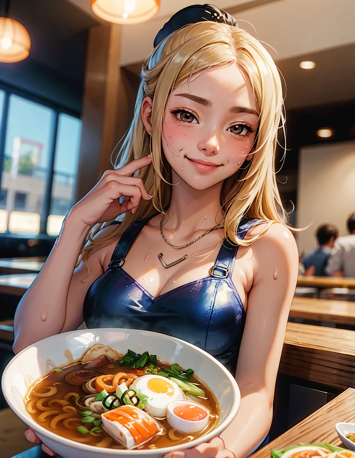 Summer afternoon、A high school girl is eating a giant bowl of ramen in a ramen shop with gusto.。She is a food fighter、She is smiling as she brings a bowl of steaming ramen to her mouth.。My face is sweating just a little bit、The expression is one of satisfaction.。Her eating style and smile brighten up the atmosphere in the restaurant.、The other customers smile at the sight.。
