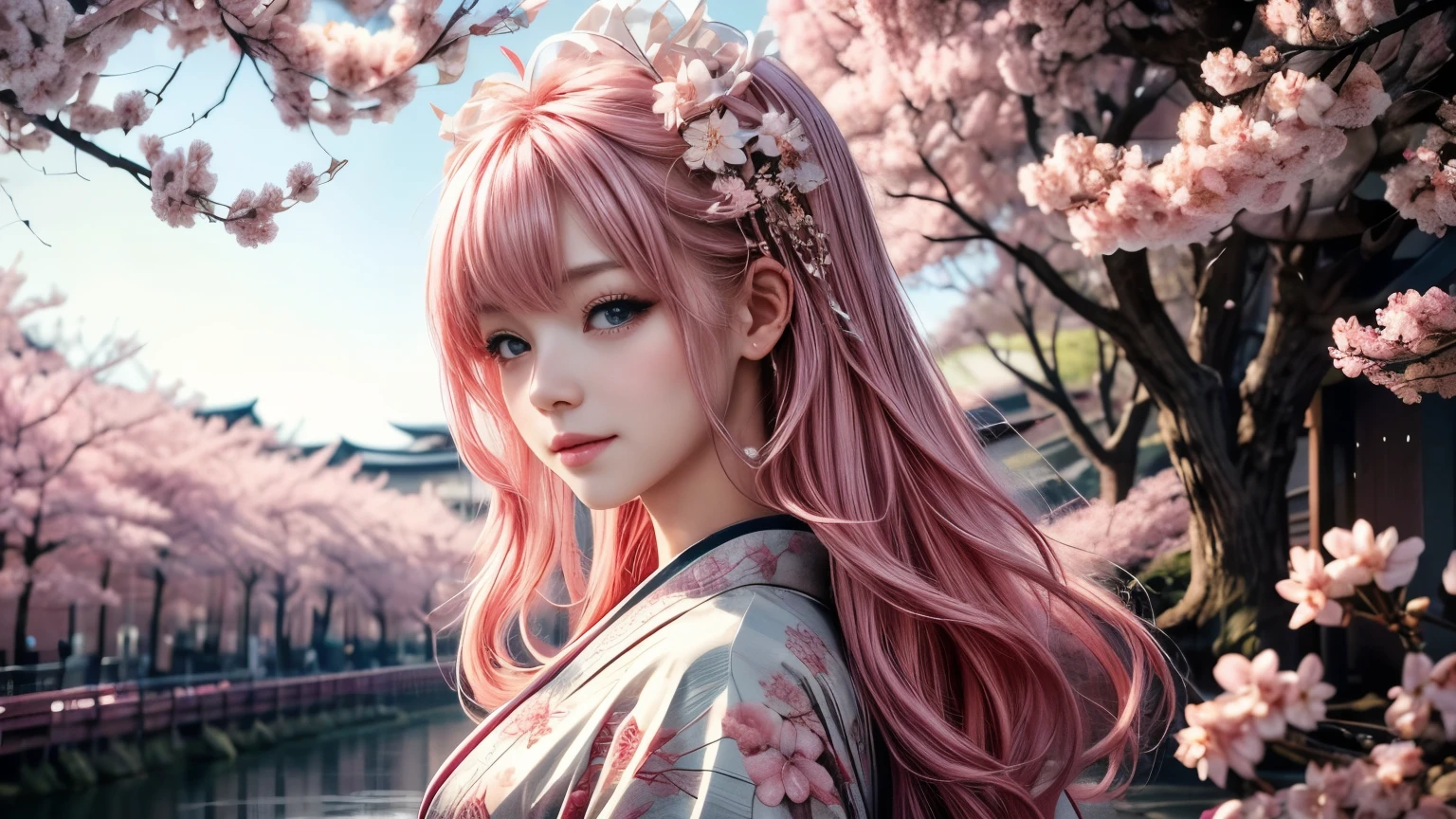 8K resolution, ((highest quality)), ((masterpiece)), ((super detailed)), (very delicate and beautiful), with a girl, solo, gentle expression, she is very(relax)with(Calm)Appearance, pink hair, Depth of the bounds written, bright smile, young expression, bright peach-colored eyes, Beautiful pink hair, beautiful background, long hair, linear art, pink kimono, Japan, Japanese Style, cherry blossomsのように輝く瞳, upper eye, wonderful eyes, cherry blossoms, cherry blossomsの木, cherry blossomsの花が舞っている, Upper body
