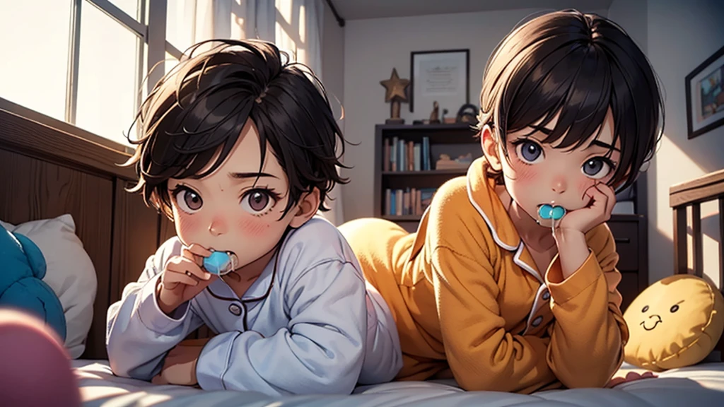 A age boy in a large nursery, chewing on a teething ring, playing with baby toys, wearing a onesie pajama, drooling, wearing a diaper, high quality, extremely detailed, highly detailed, masterpiece, soft lighting, warm colors, pastel colors, adorable, cute