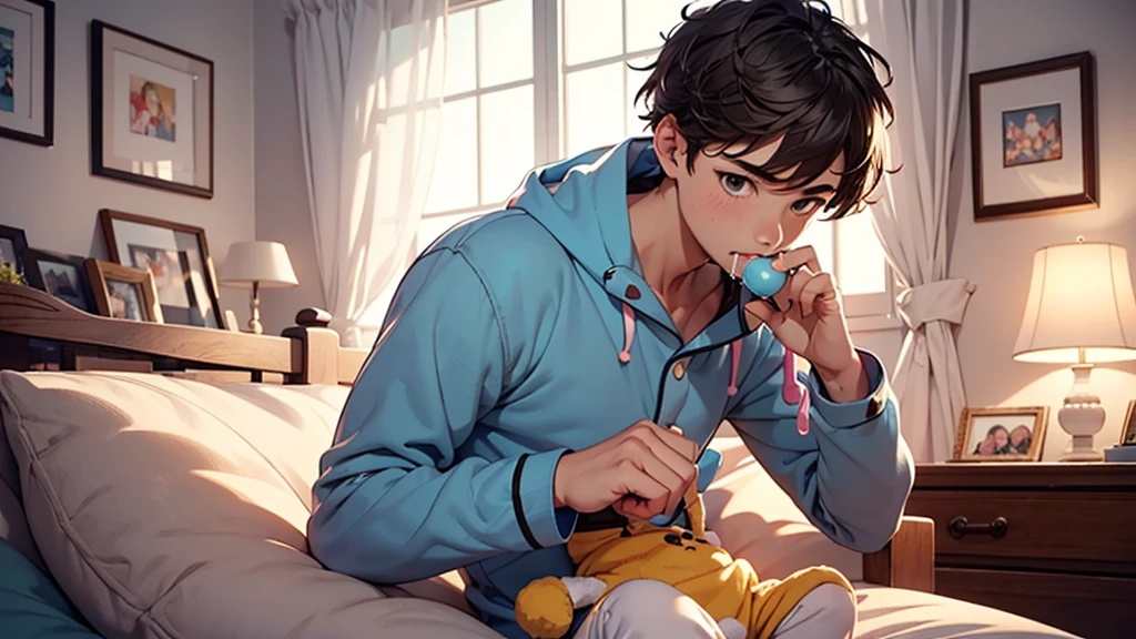 A teenage boy in a large nursery, chewing on a teething ring, playing with baby toys, wearing a onesie pajama, drooling, wearing a diaper, high quality, extremely detailed, highly detailed, masterpiece, soft lighting, warm colors, pastel colors, adorable, cute