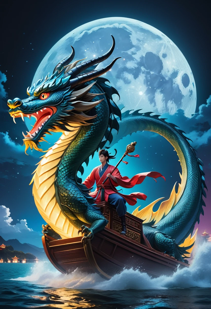 Man riding a Chinese dragon，Close-up of a water dragon，Full moon in the background, 8K, 16K,wonderful, Midnight theme, Widescreen shooting, darkmode, Lightモード, Float next to the planet,  Dark Theme Night, Light, wonderful, canon f1 , Loose ingredients, Romantic moonlit seascape, colorful, Eye-catching composition, bold, saturation, Innovative style, Neo-Romanticism, Photos taken with Provia, iconic images, can&#39;I can&#39;I can&#39;t believe how beautiful this is, Painting Space, Simple