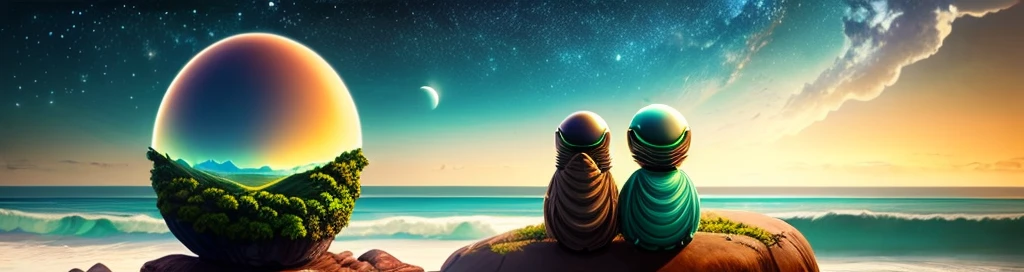 2 oval-headed aliens sitting on a rock on the coast in a clearing in the Atlantic forest looking at the sea