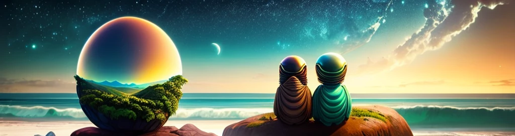 2 oval-headed aliens sitting on a rock on the coast in a clearing in the Atlantic forest looking at the sea