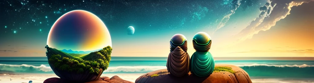 2 oval-headed aliens sitting on a rock on the coast in a clearing in the Atlantic forest looking at the sea